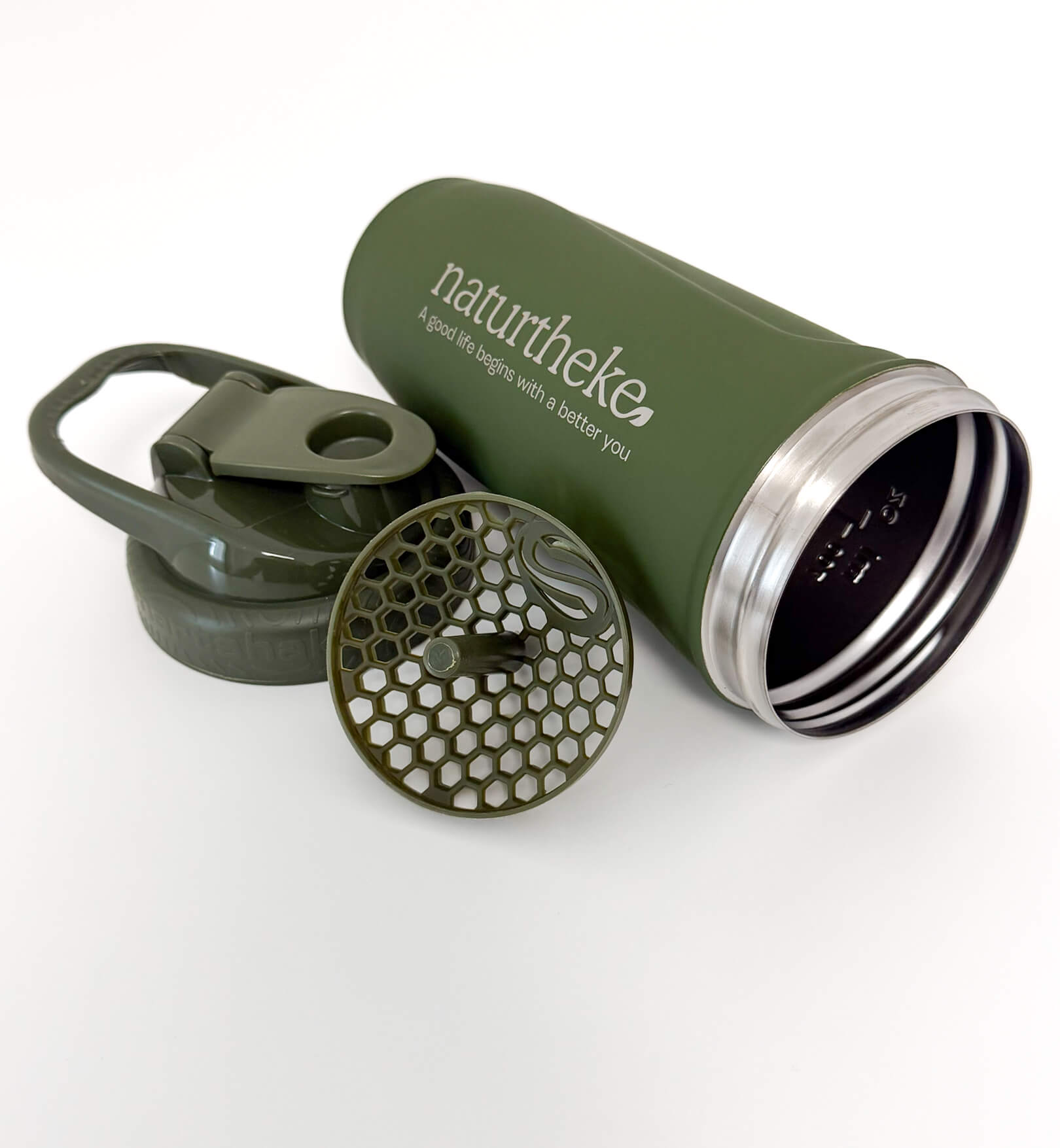 Smartshaker aus Edelstahl, Farbe olivgrün, Shaker mit 700ml Fassungsvermögen, auslaufsicherer Verschluss, Shaker aus hochwertigem Edelstahl, ideal für Proteinshakes und Supplements, robust und langlebig